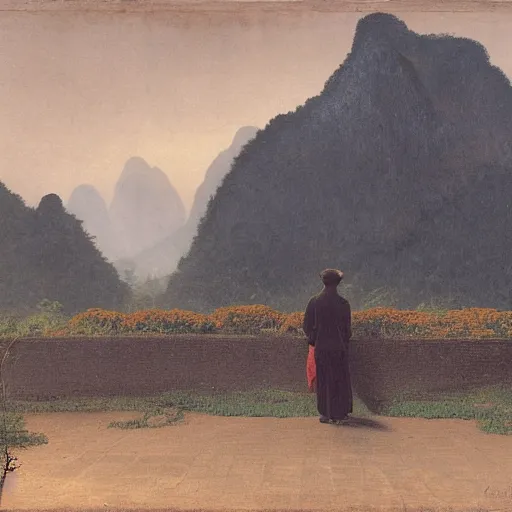 Prompt: a young man in guilin, by caspar david friedrich,