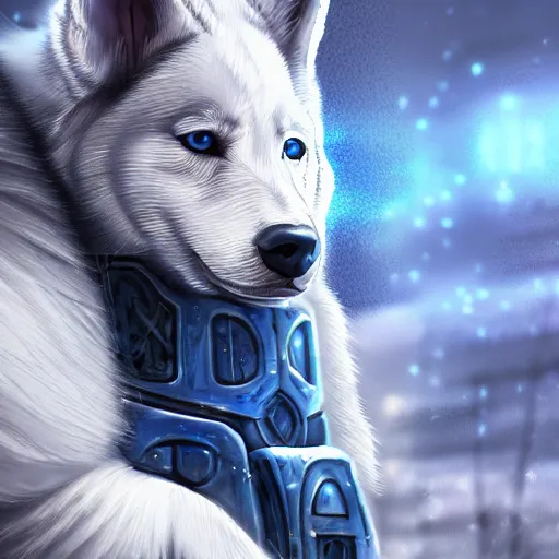 Prompt: white building barrack siberian anthro husky warrior with crusade armor and blue torus cyberpunk, cinematic light, cinematic epic ,octane 4k, 8k, detailed, ultra realistic, anime., centered