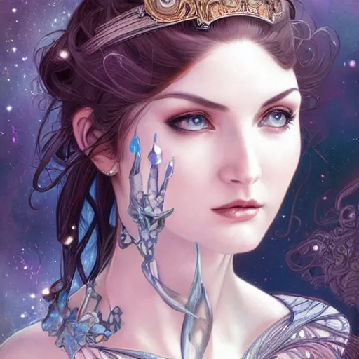 Image similar to a photograpic portrait of a pretty woman, spacepunk, fantasy, intricate, elegant, highly detailed, digital painting, artstation, concept art, smooth, sharp focus, illustration, art by artgerm and H R Giger and alphonse mucha