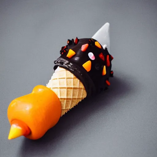 Image similar to a detailed photograph of an ice cream cone studded with candy corn like a medieval mace.