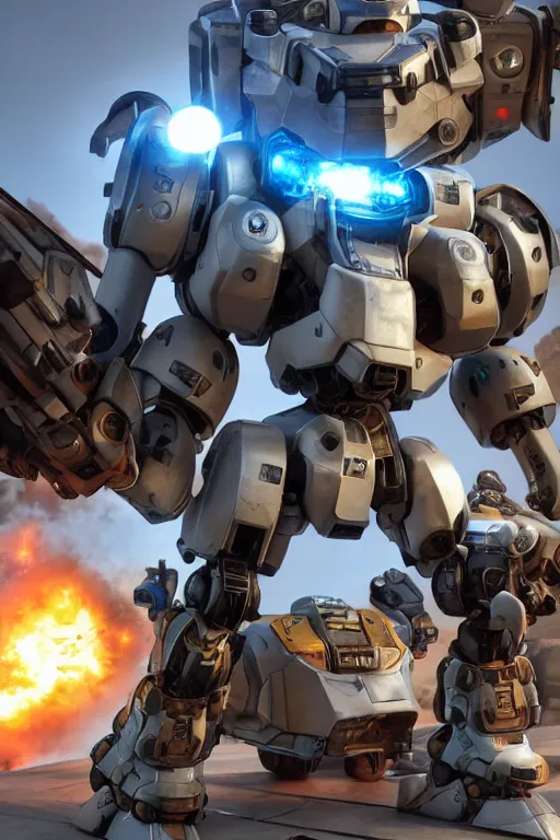 Image similar to mechwarrior 5 : mercenaries mech megaman transformer robot boss tank engine game octane render, 4 k, hd 2 0 2 2 3 d cgi rtx hdr style chrome reflexion glow fanart, global illumination ray tracing hdr fanart arstation by ian pesty pixar and disney unreal zbrush central hardmesh