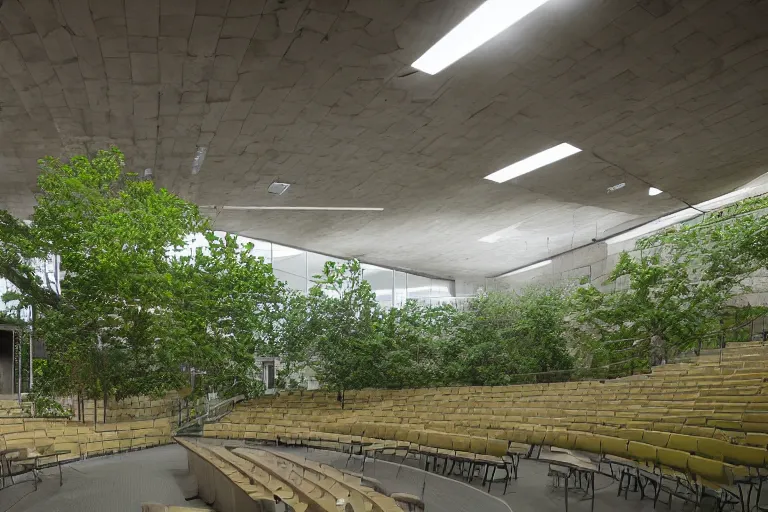 Image similar to brunel university lecture hall, brutalist architecture, built by tadao ando, overgrown with foliage, volumetric lighting