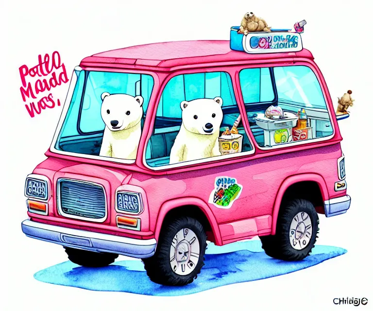 Prompt: cute and funny, polar bear riding in a tiny ice cream truck, ratfink style by ed roth, centered award winning watercolor pen illustration, isometric illustration by chihiro iwasaki, edited by craola, tiny details by artgerm and watercolor girl, symmetrically isometrically centered