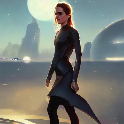 Image similar to a portrait of emma watson wearing skintight dress, futuristic earth in the background as seen by greg rutkowski, light theme, enchanted, warm colors, high quality, waw, trending on artstation