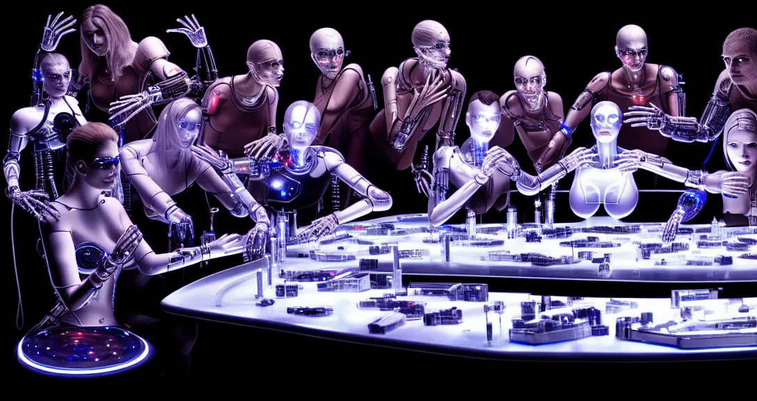 Prompt: beauty, 13 diverse cyborgs on one_side of a reflective !cybernetic table, posing_as_last_supper, inticrate detailed glowing implants, highly detailed, dramatic lighting, electrical details, high details, beautiful lighting