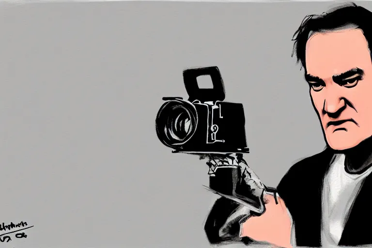 Image similar to Quentin tarantino holding a 16 mm camera, digital painting