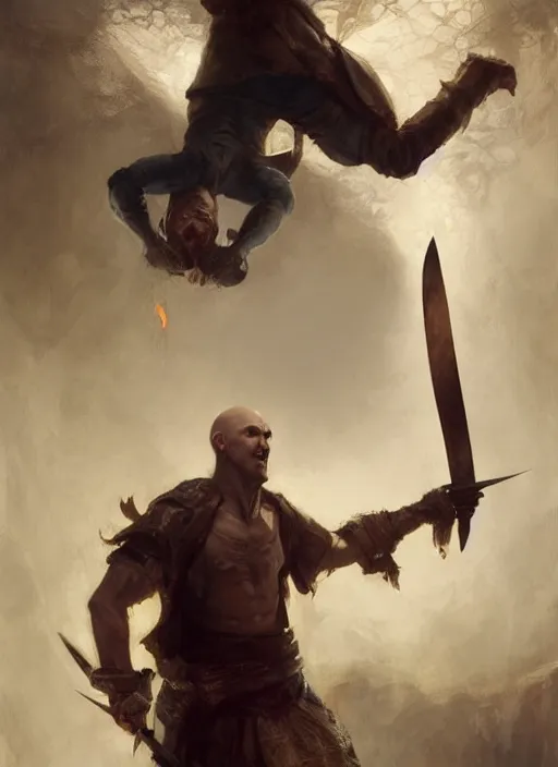 Prompt: a young man with wide, intense eyes, standing upside down on the ceiling. he is bald and clean shaven, dressed entirely in white and holding a huge sword. painting by greg rutkowski and raymond swanland