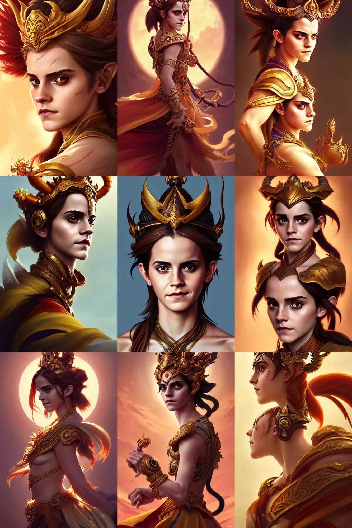 Prompt: Emma Watson as monkey king from dota 2, sci-fi, amber eyes, face, long hair, fantasy, intricate, elegant, highly detailed, digital painting, artstation, concept art, smooth, sharp focus, illustration, art by artgerm and greg rutkowski and alphonse mucha