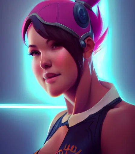 Prompt: beautiful portrait of a gorgeous personal trainer who looks like D. Va , character design by charlie bowater, ross tran, artgerm, and makoto shinkai, detailed, soft lighting, rendered in octane