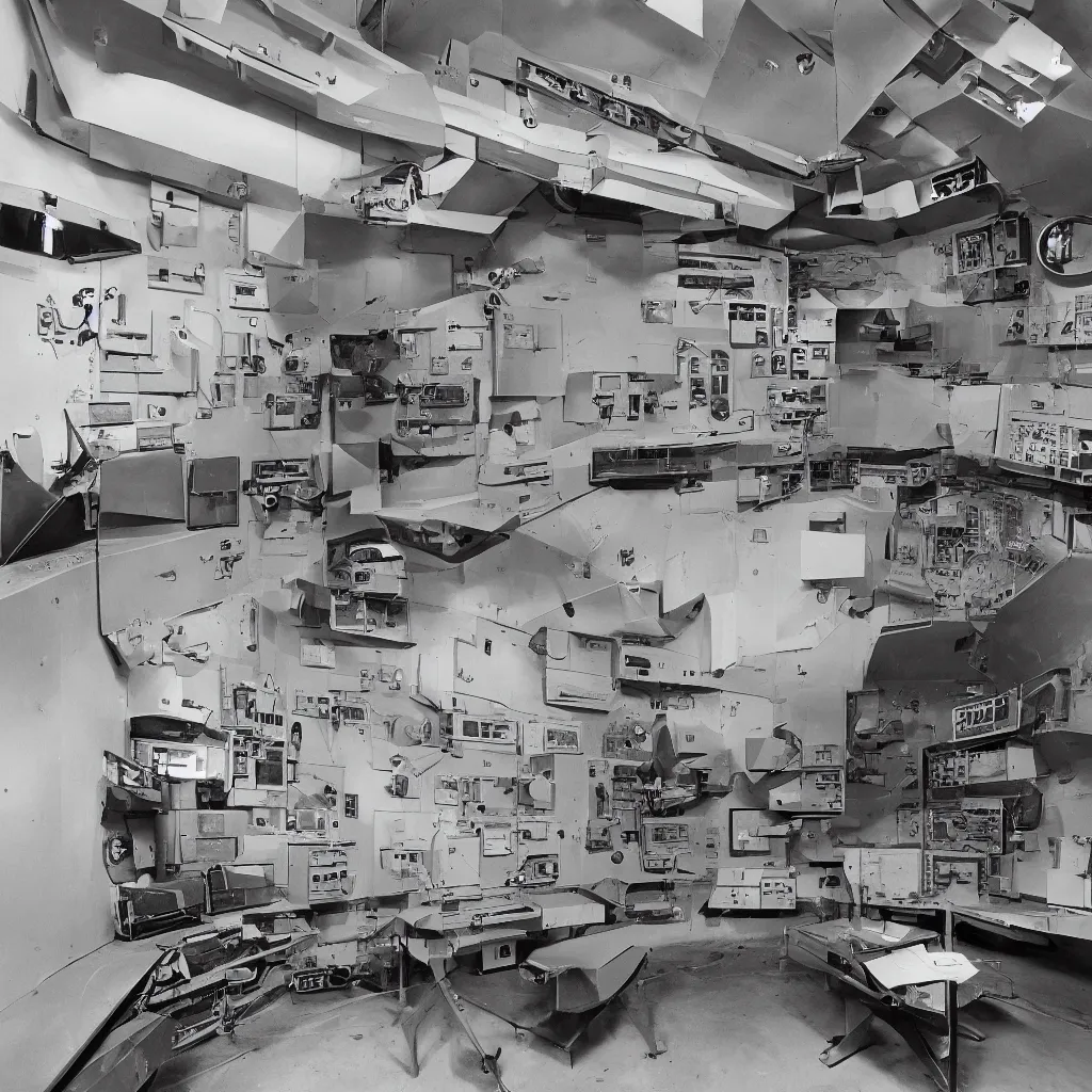 Prompt: top secret room made from steel and concrete full of electrical cold war era missile control equipment and displays, very sharp edges, militaristic, tidy surfaces, cathode ray tube display surveillance camera image, 1 9 6 0's