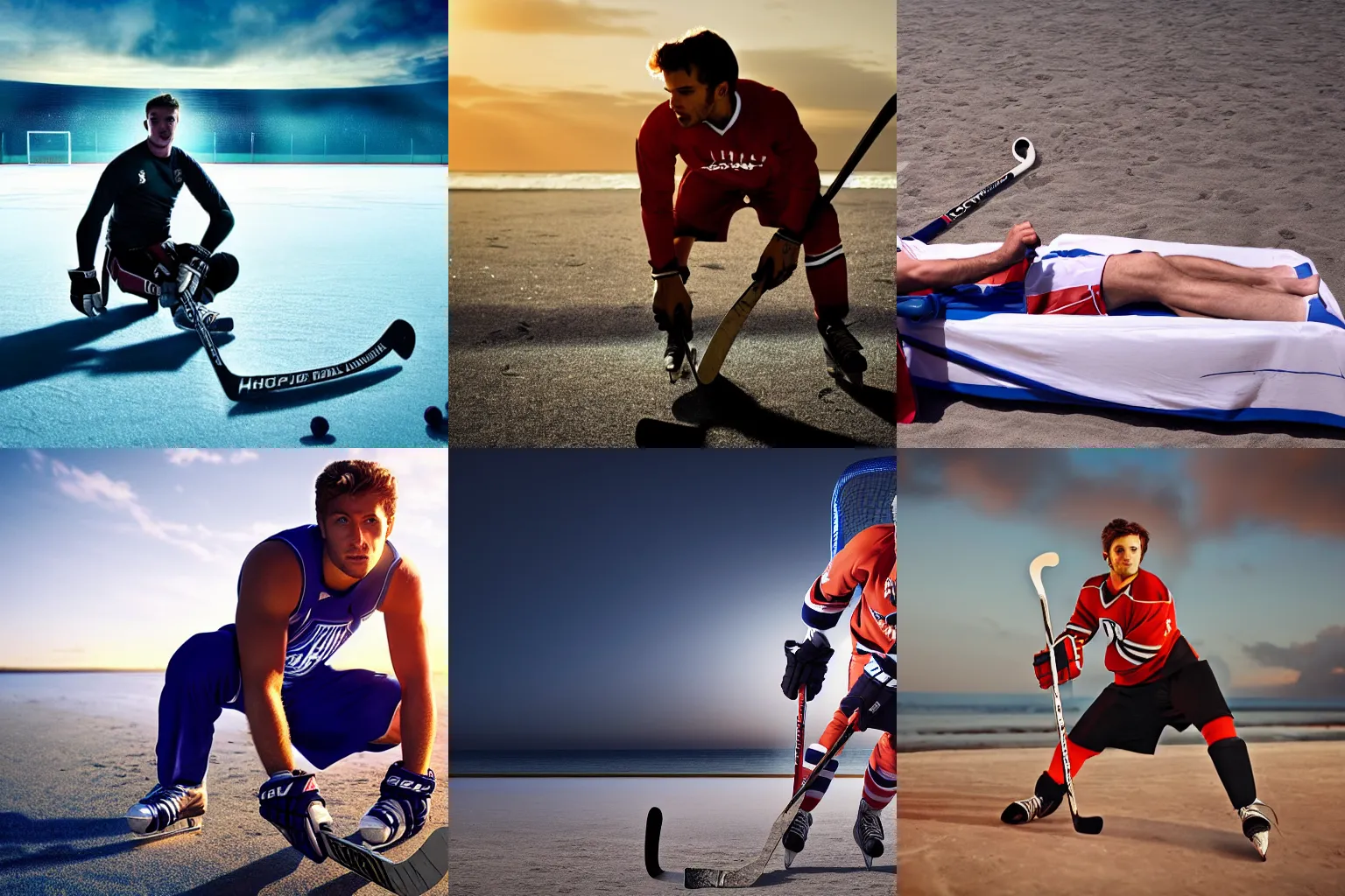 Prompt: A Hockeyplayer wearing full hockey gear lies in a sunbed on the beach, cinematic lighting, cinematic composition