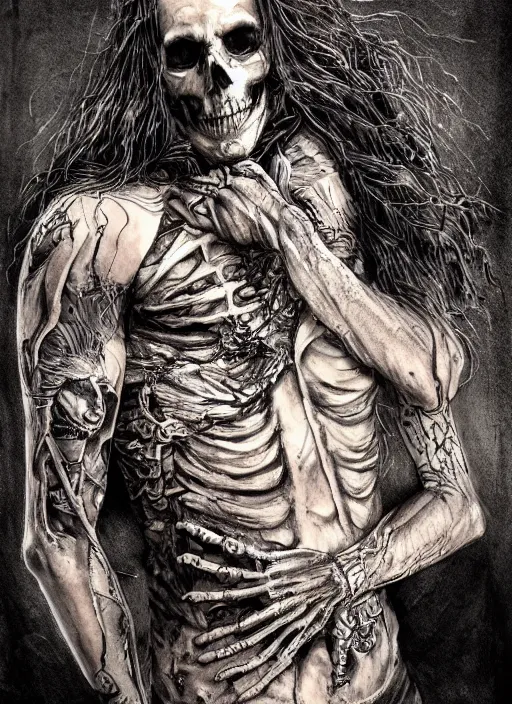 Image similar to portrait, Long haired biker skeleton in a wheelchair, has tattoos, watercolor, dramatic lighting, cinematic, establishing shot, extremely high detail, foto realistic, cinematic lighting, pen and ink, intricate line drawings, by Yoshitaka Amano, Ruan Jia, Kentaro Miura, Artgerm, post processed, concept art, artstation, matte painting, style by eddie mendoza, raphael lacoste, alex ross