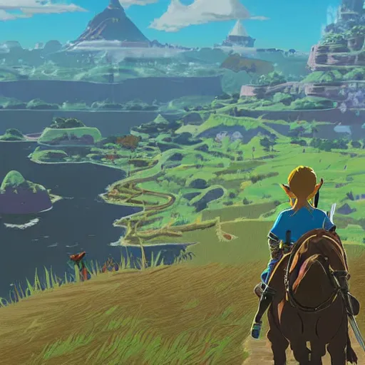 Image similar to detailed scenery from the legend of zelda breath of the wild, breath of the wild art style.