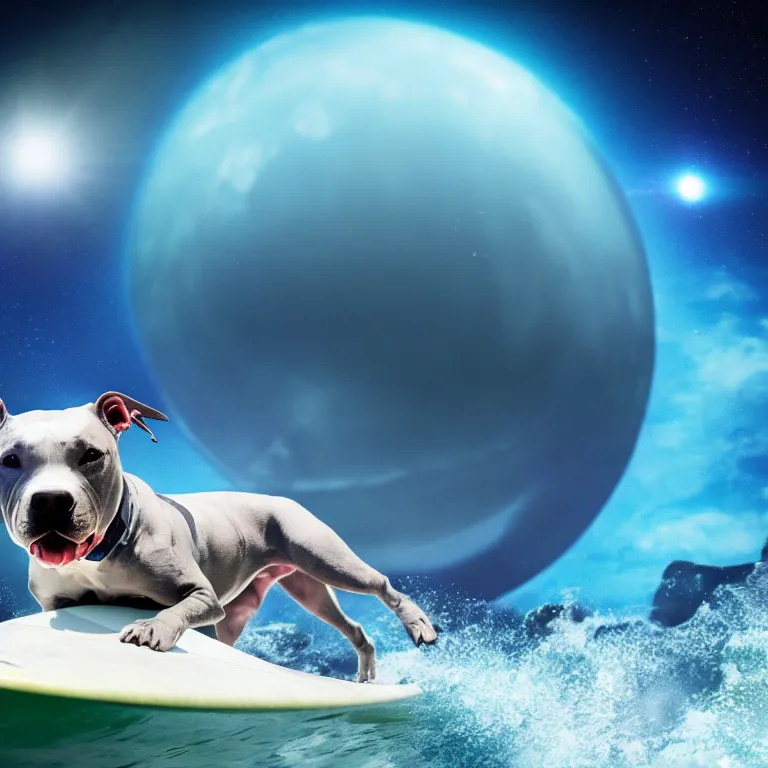 Image similar to photo of a gray coat pit bull with white paws, surfing on a surfboard in a crashing wave of alien ocean in space, background is an alien galaxy, aliens in the background, alien colors, octane render, unreal engine, wide view, 8 k, high detaild