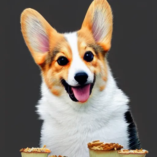Prompt: A portrait of a corgi, its fur is white, black and grey, has 1 blue eye and 1 brown eye, natural lighting, realistic, eating McDonalds