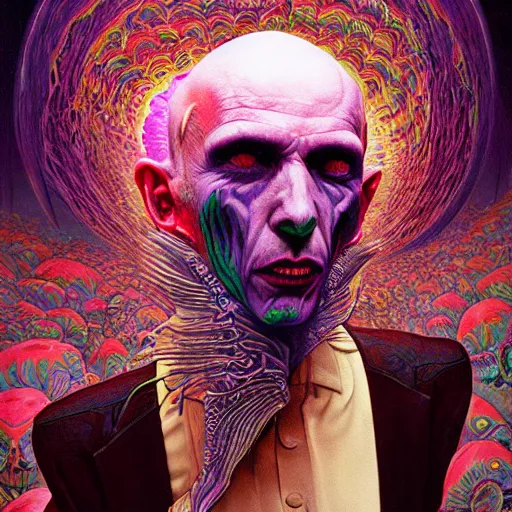 Prompt: Hyperdetailed psychedelic horror fantasy portrait of a vampire by Wayne Barlowe and Beeple, vivid color, album cover,