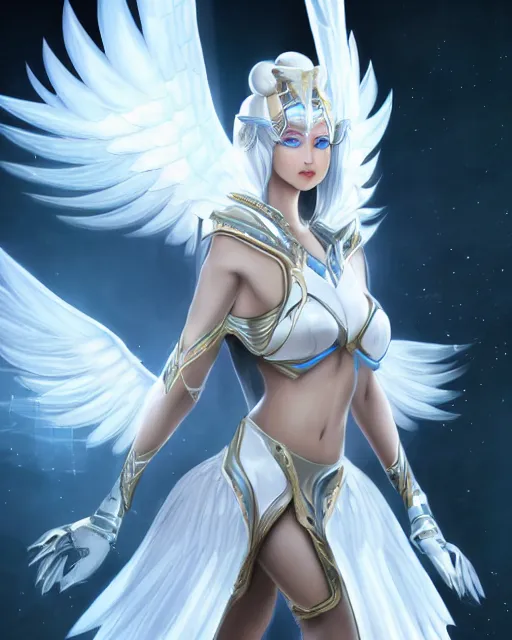 Image similar to perfect white haired attractive egyptian goddess with huge white dove wings, warframe armor, beautiful, symmetric, dreamy, half asian, pretty face, blue eyes, detailed, scifi platform, laboratory, experiment, 4 k, ultra realistic, epic lighting, android body, illuminated, cinematic, masterpiece, art by akihito tsukushi, voidstar