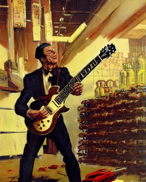 Image similar to Snake Oil salesman shredding on a Gibson Les Paul in a snake oil warehouse, painting by Frank Frazetta