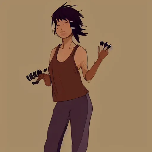 Prompt: POSE(playing guitar) WEAR(sweaty tank-top + sweatpants) APPEAR(short brown hair + short woman + twenty five years old + sticking tongue out) MOOD(vivid) NOTES(featured on ArtStation)