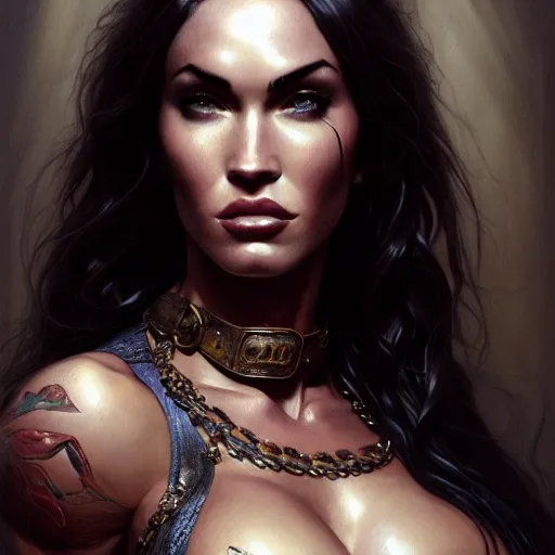 Image similar to portrait of megan fox, muscular upper body, slave collar, bikini, fantasy, intricate, elegant, highly detailed, digital painting, artstation, concept art, matte, sharp focus, illustration, art by aenaluck and roberto ferri and greg rutkowski, epic fantasy, digital painting