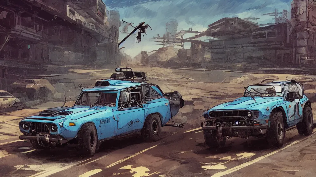 Image similar to digital illustration of mad max's fj 4 0 pursuit special, the last v 8 interceptor driving down a deserted cyberpunk highway in the middle of the day by studio ghibli, anime style year 2 0 9 3, by makoto shinkai, ilya kuvshinov, lois van baarle, rossdraws, basquiat