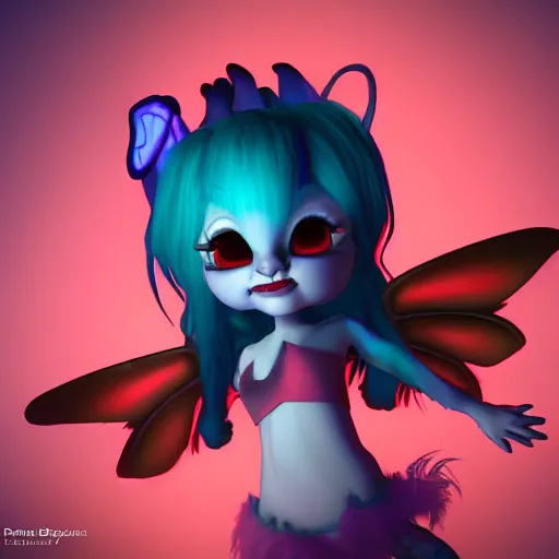 Image similar to cute female demon pixie art by Lokman Lam, Chris Sanders, Paul Deasy, cinematic dynamic lighting unreal engine 5