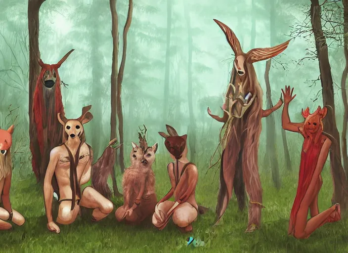 Image similar to forest pagan ritual with people with animal masks by andrews, esao, digital art