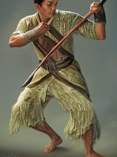 Image similar to a man fighting with a quarterstaff against a dozen enemies, bamboo pikes. intricate, elegant, highly detailed, digital painting, artstation, concept art, sharp focus, illustration, by justin gerard and artgerm, 8 k
