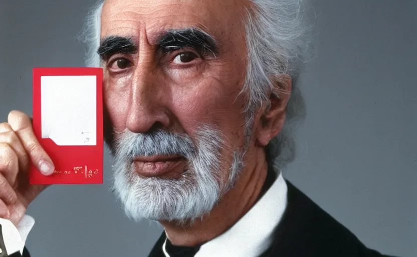 Image similar to movie still close-up portrait of Christopher Lee as a Victorian inventor proudly holding a small red plastic perforated card, by David Bailey, Cinestill 800t 50mm eastmancolor, heavy grainy picture, very detailed, high quality, 4k, HD criterion, precise texture and facial expression