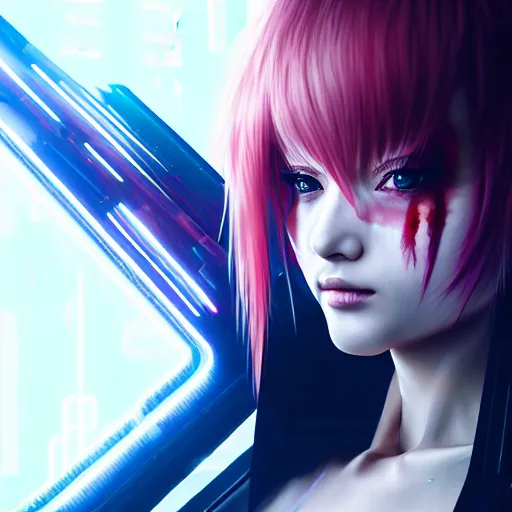 Prompt: A hyperrealistic portrait anime painting of a cyber warrrior girl wearing futuristic wardrobe, black and reddis, ultradetailed face expression trending on artstation and artbreeder, cyberpunk 2077 color heavy rainning at tokyo night, neon light rooftop, unreal 5, DAZ, 8k, unreal 5 engine render, cosplay, RPG portrait, final fantasy Vll world concept, dramatic lighting, rim lights, PS5 render quality