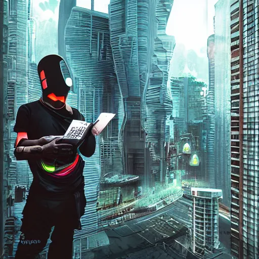 Prompt: cyberpunk hacker in front of bangkok by kashin, wadim