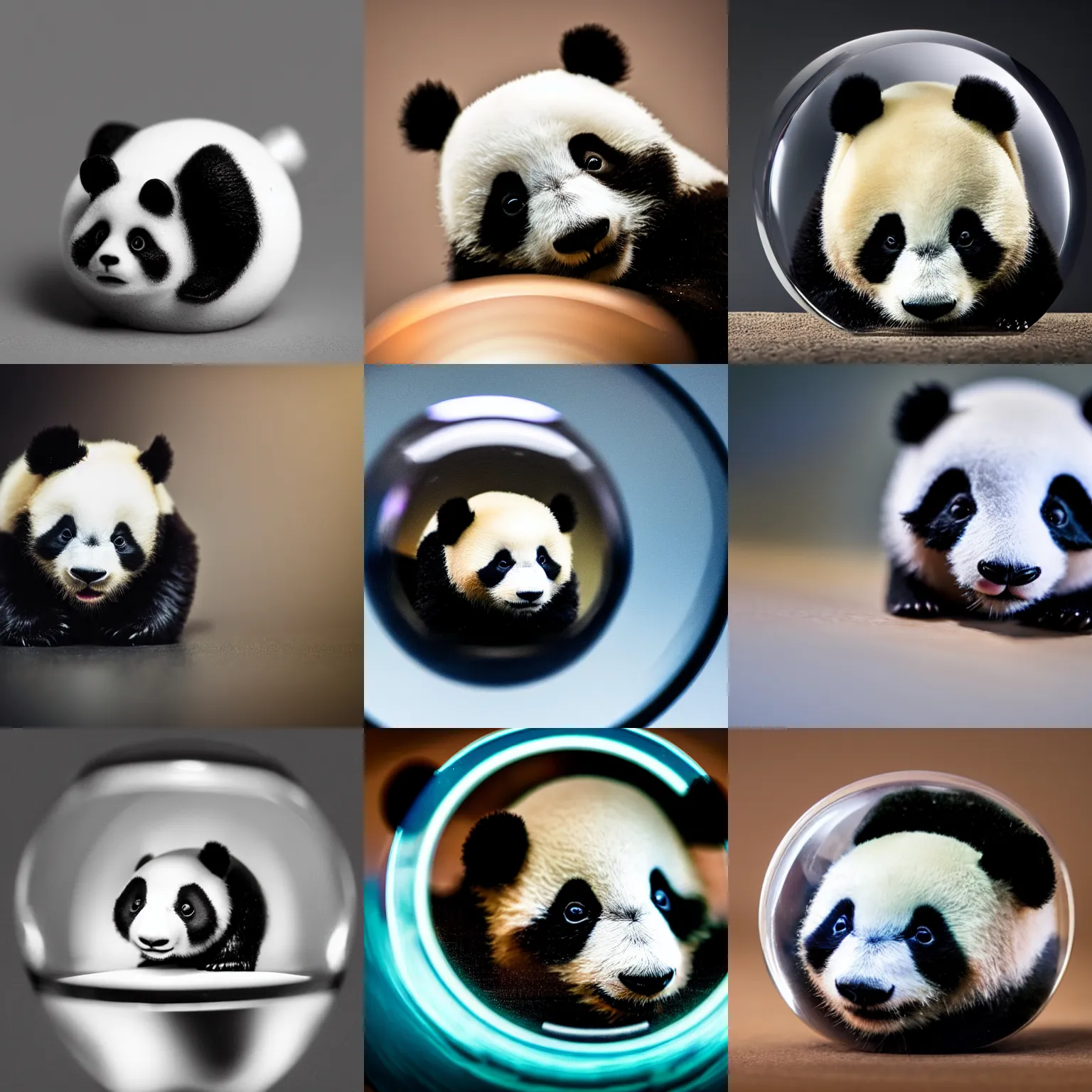 Prompt: A studio photograph of a small panda contained within a glass pokeball, XF IQ4, 150MP, 50mm, F1.4, ISO 200, 1/160s, natural light, Adobe Lightroom, photolab, Affinity Photo, PhotoDirector 365