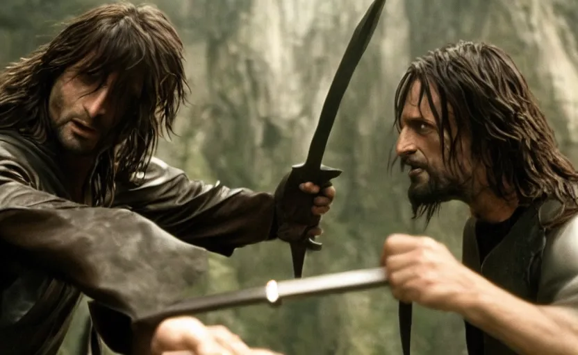 Image similar to epic fight between Neo and Aragorn, movie screenshot, very high quality, Bdrip, 8k