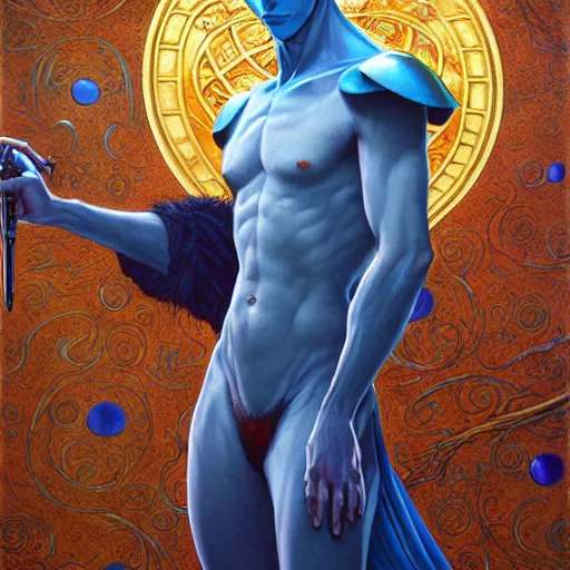 Image similar to half length portrait of a medieval fantasy anthropomorphic male blue dragon with electrcity magic, fantasy, d & d, high details, art by ( ( ( kuvshinov ilya ) ) ) and wayne barlowe and gustav klimt and artgerm and wlop and william - adolphe bouguereau