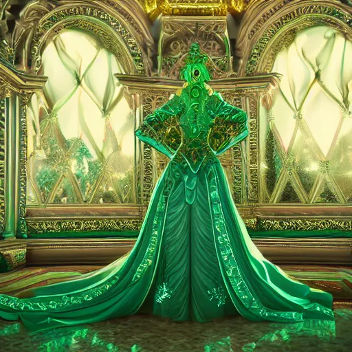 Image similar to portrait of princess of emerald, majestic, ornate, intricate, hyper detailed, accent lighting, kingdom in background, dramatic light, 4 k octane render