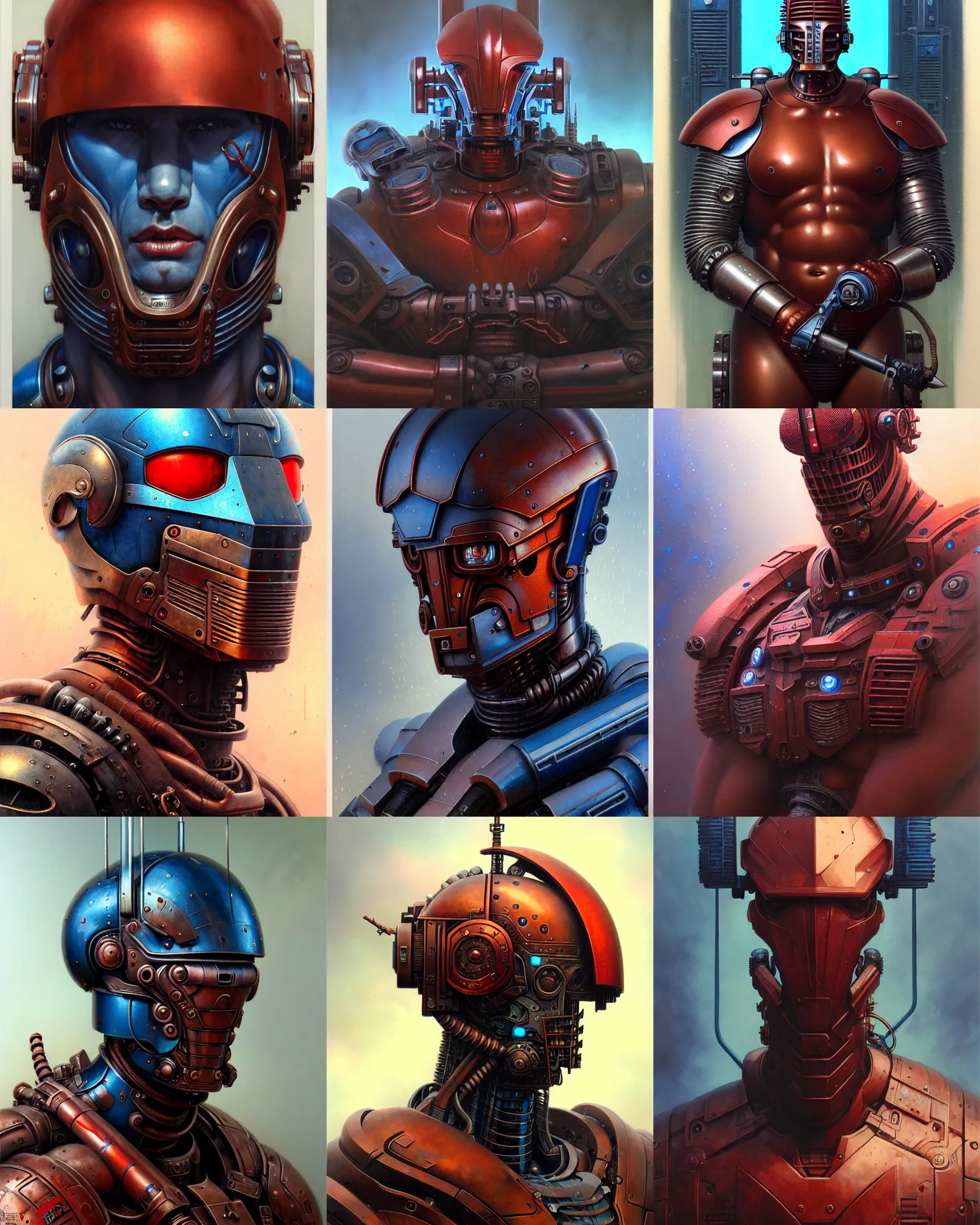 Prompt: solid thick super muscly male portrait, rusty red helmet, large metal jaw, blue skin, ultra realistic, intricate details, blade runner artifacts, highly detailed by peter mohrbacher, allen williams, hajime sorayama, wayne barlowe, boris vallejo, aaron horkey, gaston bussiere, craig mullins