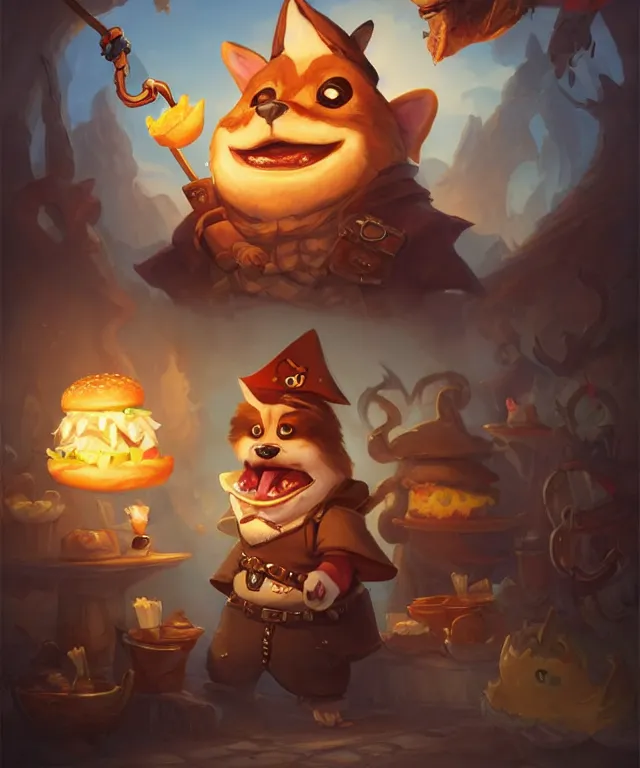 Image similar to a portrait of an anthropomorphic corgi pirate eating hamburgers and fries, restaurant in background, cute and adorable, dnd character art portrait, well rendered matte fantasy painting, deviantart artstation, by jason felix by steve argyle by tyler jacobson by peter mohrbacher, cinematic lighting