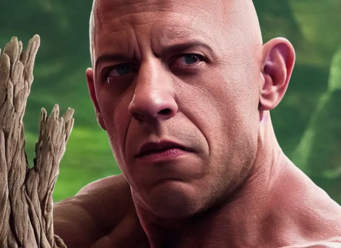 Image similar to film still of vin diesel as groot in the new guardians of the galaxy movie, 4 k, highly detailed face, detailed eyes