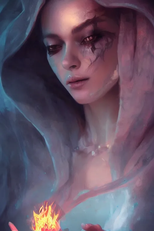 Image similar to face closeup beautiful girl necromancer casting spell, 3 d render, holding magic fire and electicity, hyper realistic detailed portrait, ruan jia, wlop, fantasy, hyper detailed, octane render, concept art, peter mohrbacher