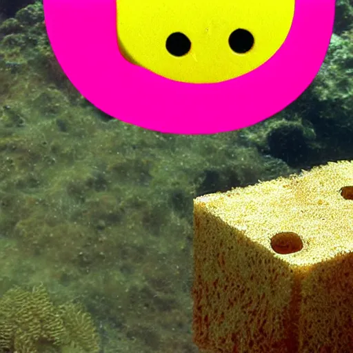 Image similar to pink jellyfish hits Sponge Bob with a metal sieve