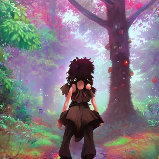 Prompt: A brown girl with black curly hair in a colorful forest, anime, highly detailed, artstation, 8k,