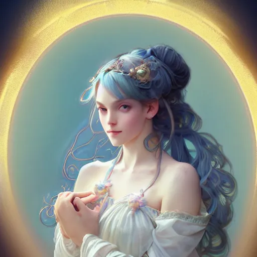 Image similar to Portrait of magical girl, dreamy and ethereal, pastel blue eyes, peaceful expression, ornate frilly dress, fantasy, intricate, elegant, dynamic lighting, highly detailed, digital painting, artstation, concept art, smooth, sharp focus, illustration, art by artgerm and greg rutkowski and alphonse mucha