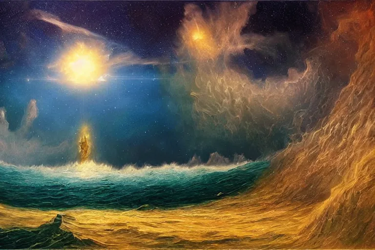 Prompt: miskatonic university big bang seascape in the style of dr. seuss,'interstellar directed by christopher nolan ', painting by albert bierstadt