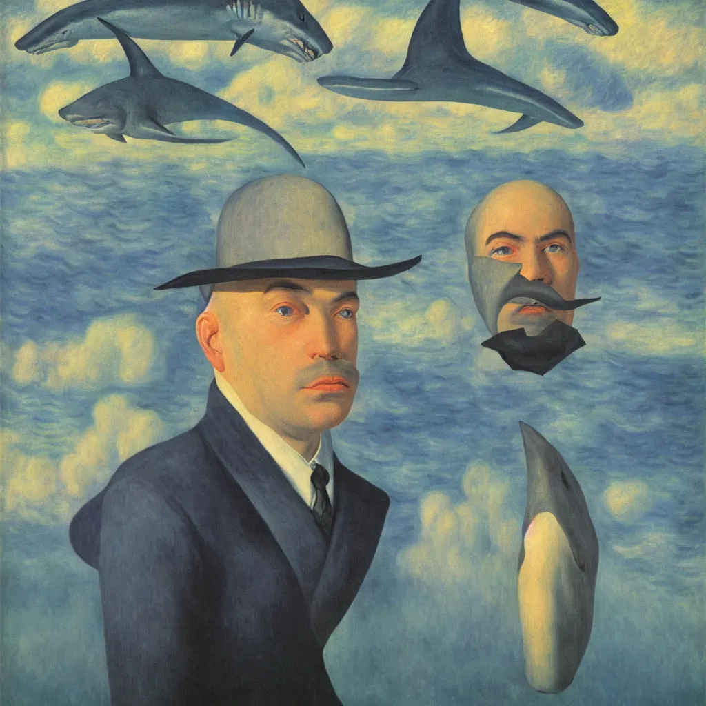 Image similar to super up close, self portrait of a shark humanoid man, by rene magritte, monet, and turner