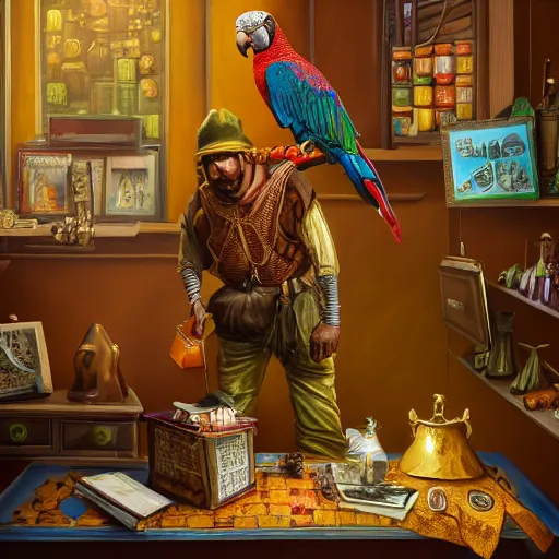 Prompt: A Anthropomorphized parrot trader in his shop, selling his wares, portrait, items, gold, carpet, window, sly expression, cunning expression, presenting wares, holding a gold bag, D&D, fantasy, intricate, cinematic lighting, highly detailed, digital painting, trending on artstation, concept art, smooth, sharp focus, illustration, warm light, cozy warm tint, magic the gathering artwork, volumetric lighting, 8k, art by Akihiko Yoshida, Greg Rutkowski