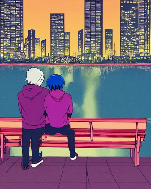 Prompt: two lovers sitting on a park bench, man with a purple hood, pretty girl with blue hair, looking at the neo - tokyo skyline across the river, at night, in the style of studio ghibli