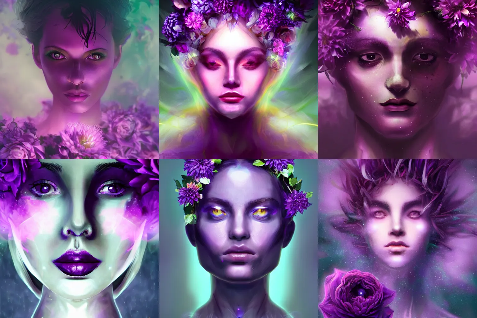 Prompt: closeup portrait of an ethereal person made of purple light, divine, male, cyberspace, mysterious, surrounded by flowers, roses, dahlias, dark high-contrast concept art, trending on Artstation