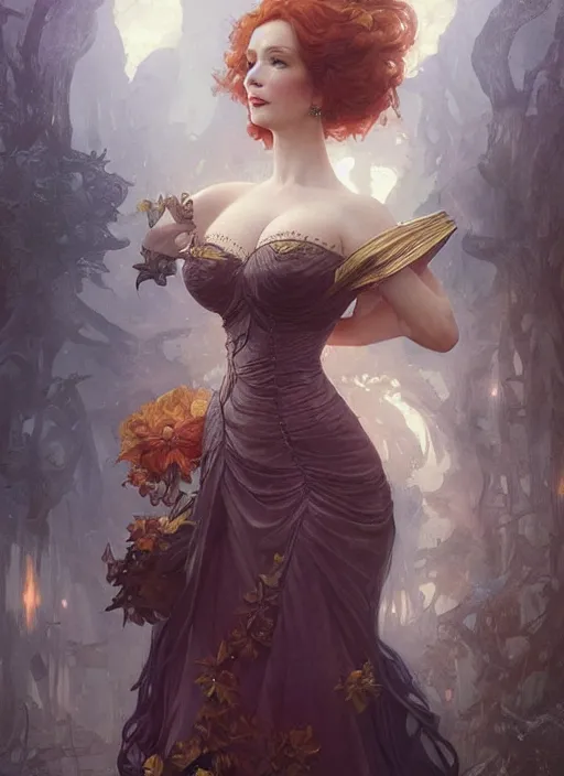 Image similar to Christina Hendricks, fantasy, intricate, elegant, highly detailed, digital painting, artstation, concept art, smooth, sharp focus, illustration, art by artgerm and greg rutkowski and alphonse mucha