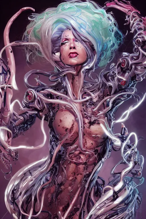 Image similar to comic art,Sprial, a beautiful female six-armed Mutant and Cyborg Sorcerer with white hair dancing in the air,melting,full character design,8k,art by Stanley Artgermm,Travis Charest,Carne Griffiths,trending on Artstation,face enhance,hyper detailed,full of colour,cinematic,dynamic lighting