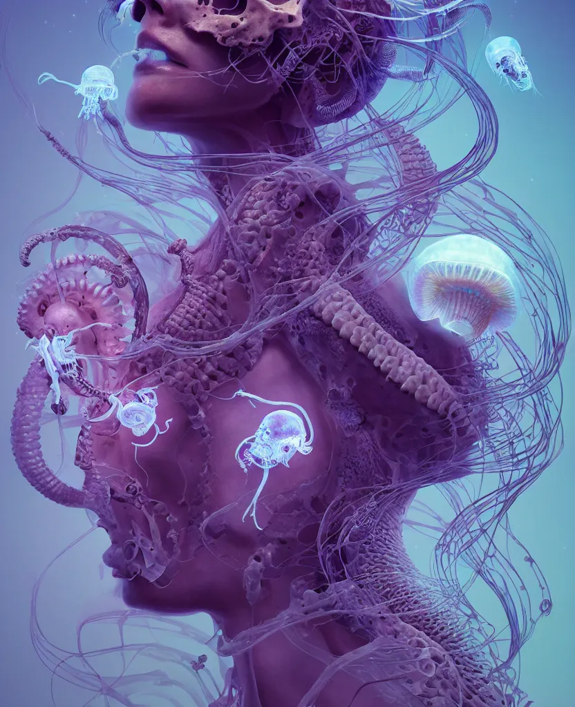 Image similar to goddess close-up portrait ram skull, thorax, x-ray, backbone, jellyfish phoenix head, nautilus, orchid, skull, betta fish, bioluminiscent creatures, intricate artwork by Tooth Wu and wlop and beeple. octane render, trending on artstation, greg rutkowski very coherent symmetrical artwork. cinematic, hyper realism, high detail, octane render, 8k